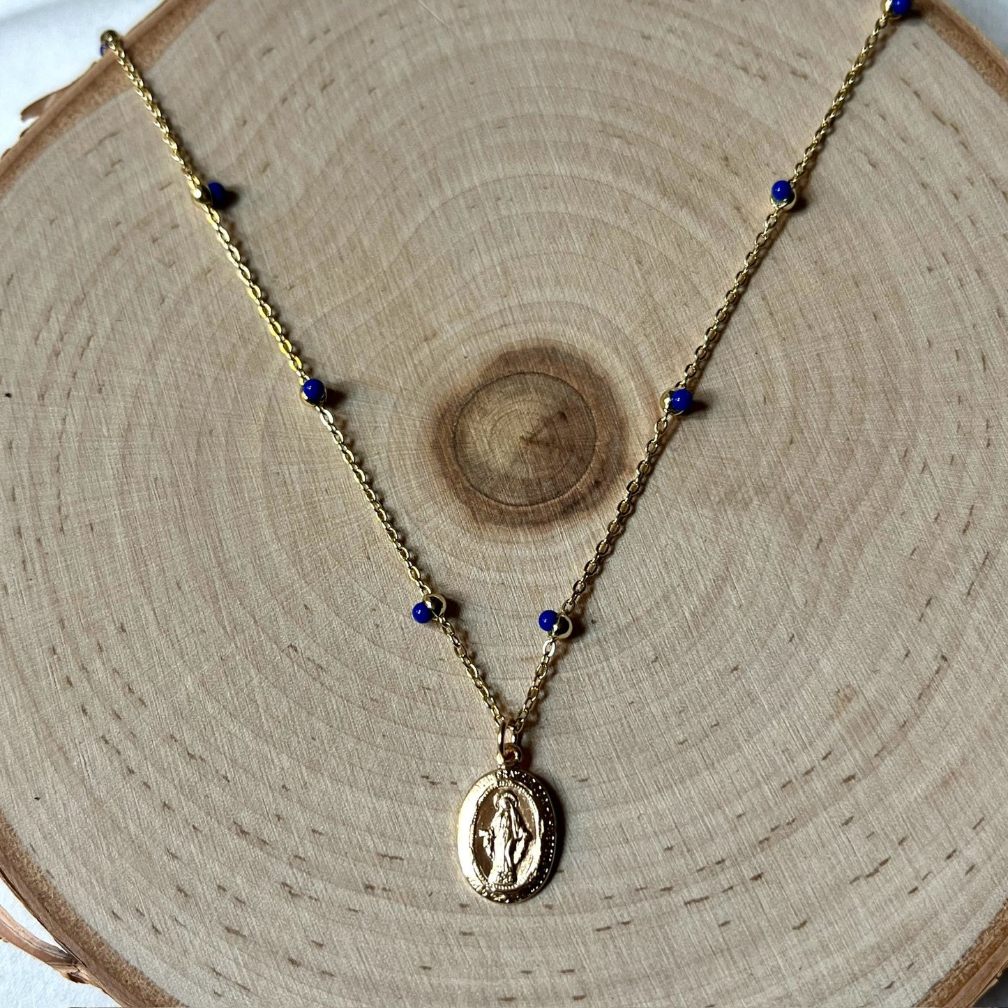 ‘Chloe’ Blue Stone Miraculous Medal Necklace