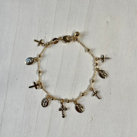 'Phoebe' Gold Our Lady and Cross Charm Bracelet