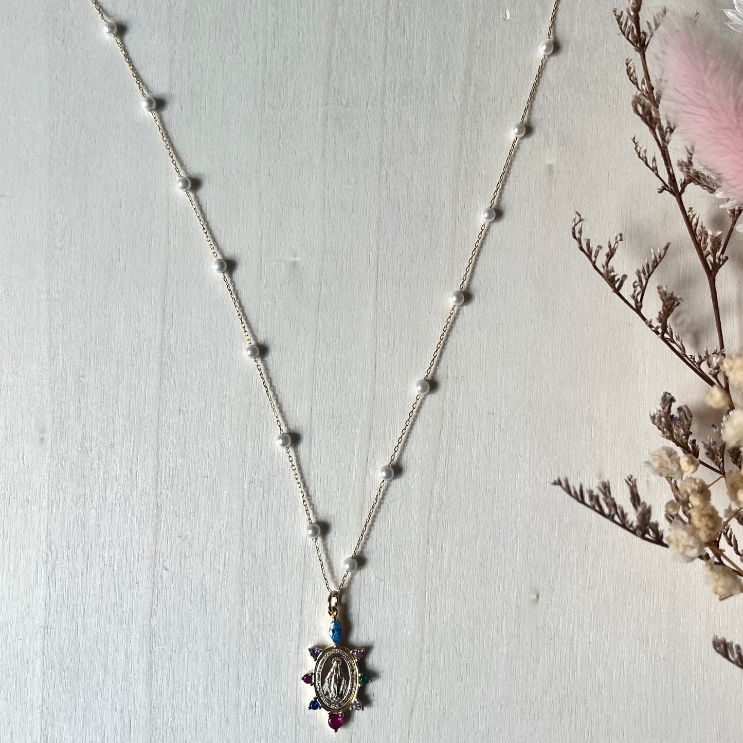 'Susanna' Pearl and CZ Miraculous Medal Necklace