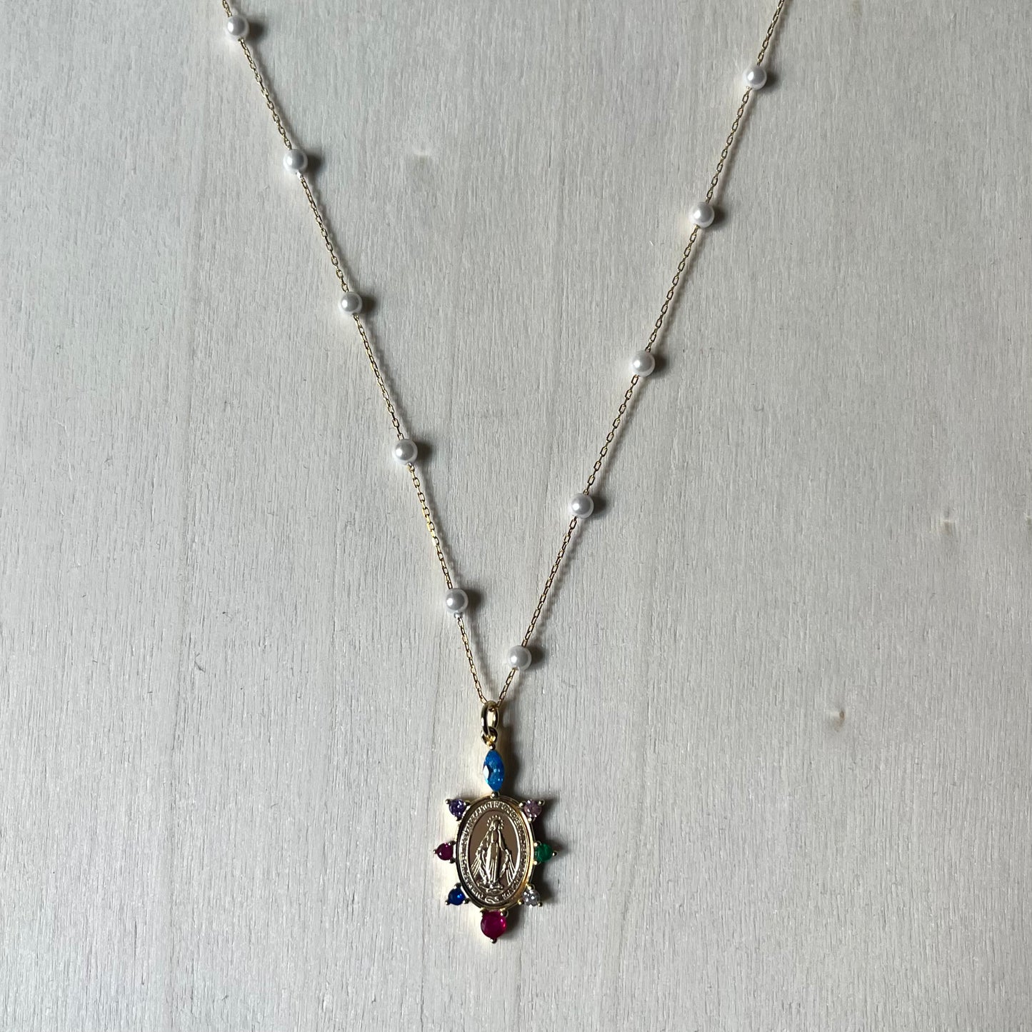 'Susanna' Pearl and CZ Miraculous Medal Necklace