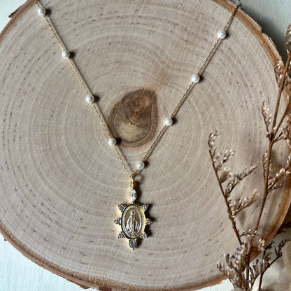 'Susanna' Pearl and CZ Miraculous Medal Necklace