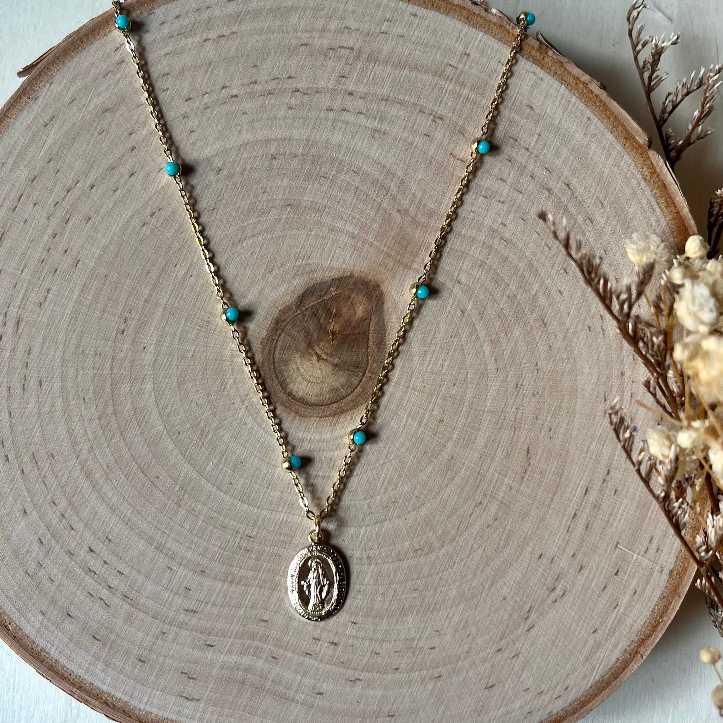 ‘Chloe’ Blue Stone Miraculous Medal Necklace